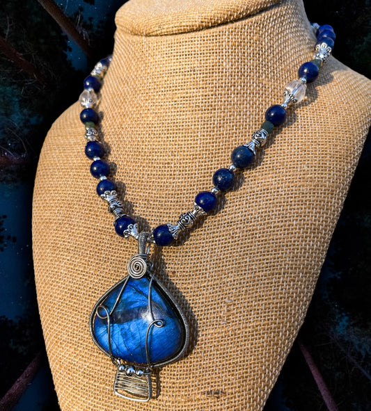 Blue Labradorite + Lapis Lazuli Mushroom Necklace