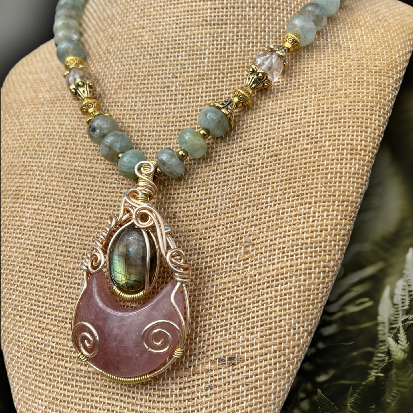 Aquamarine, Labradorite + Strawberry Quartz Necklace