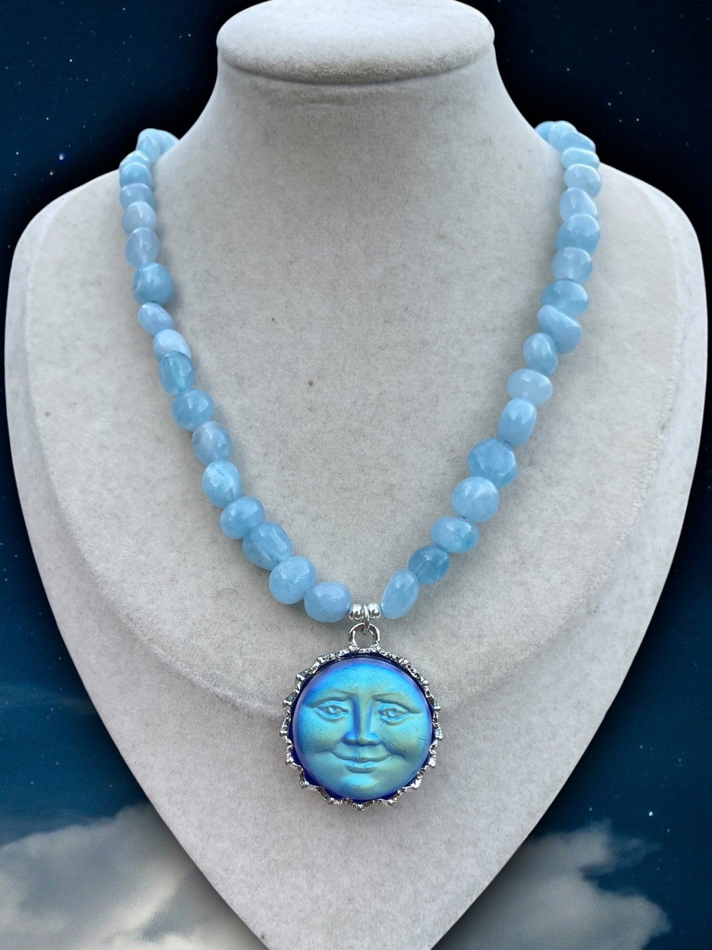 Wonderland • Dyed Aquamarine Moon Face Necklace