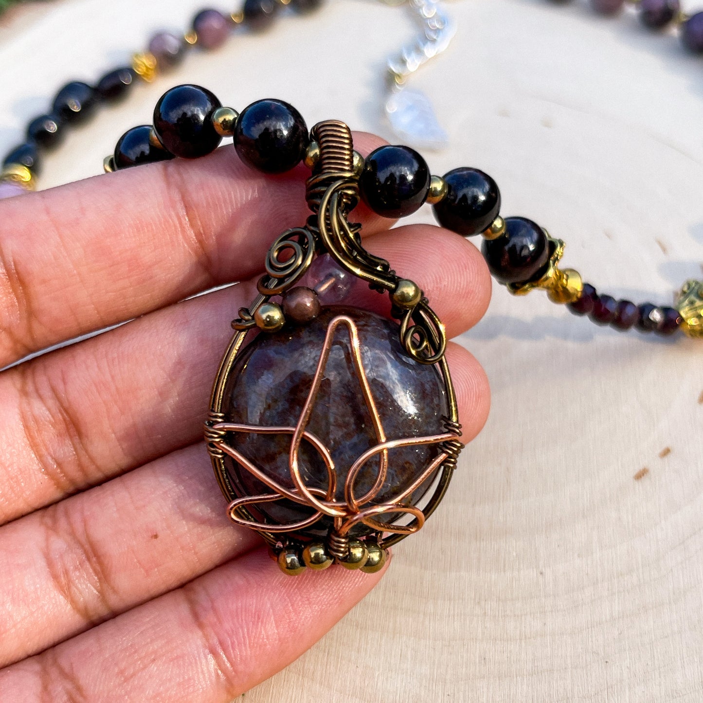 Vesper • Ocean Jasper, Garnet, Lepidolite + Madagascar Rose Quartz Necklace - Lotus Flower