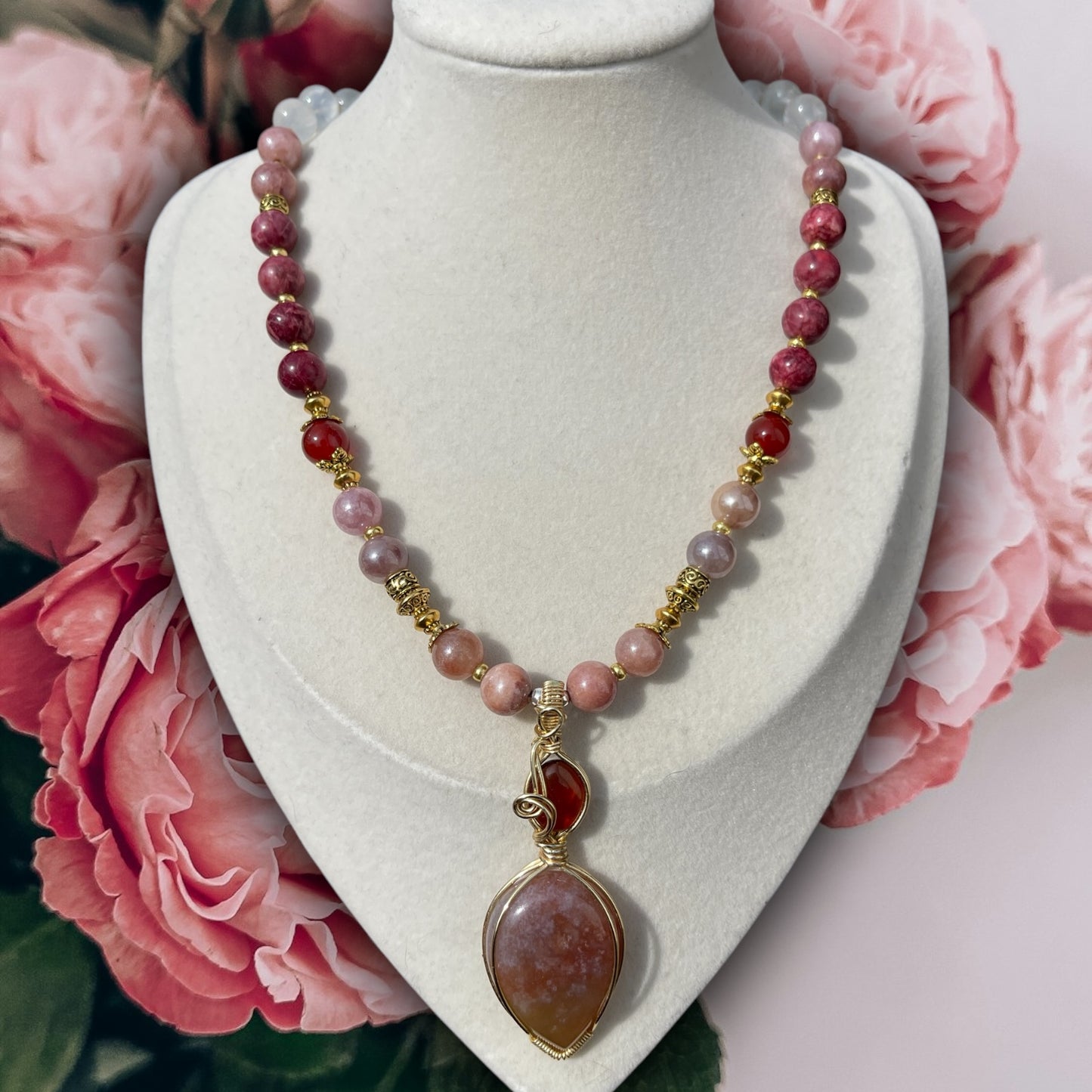 Aphrodite • Hessonite Garnet, Indian Agate, Carnelian, Moonstone + Rhodonite Necklace