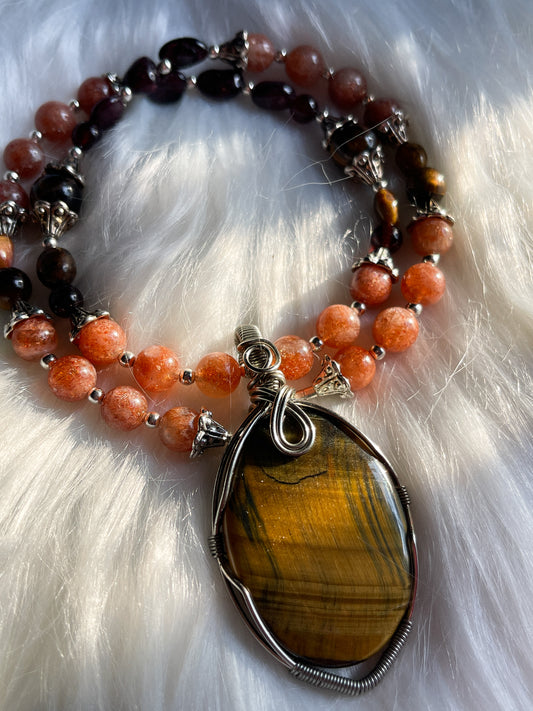 Tiger’s Eye, Sunstone + Garnet Necklace