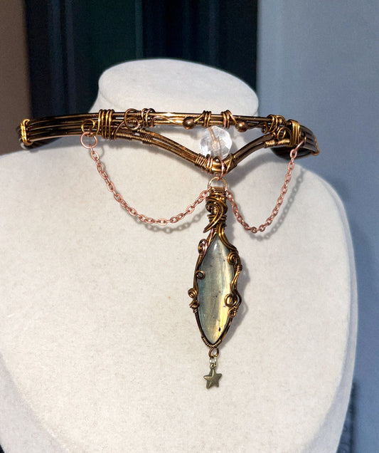 High Priestess Woven Labradorite Choker w/  Clear Quartz Amplifyer