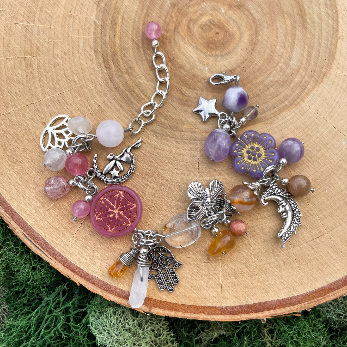 Strawberry Moon Charm Bracelet • Peach Moonstone, Fluorite, Strawberry Quartz, Citrine