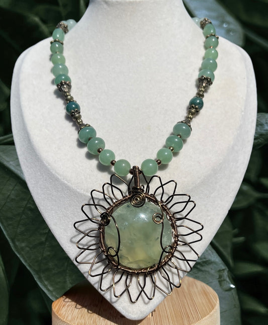 Aviva • Prehnite, Aventurine + Moss Agate Sunflower Necklace