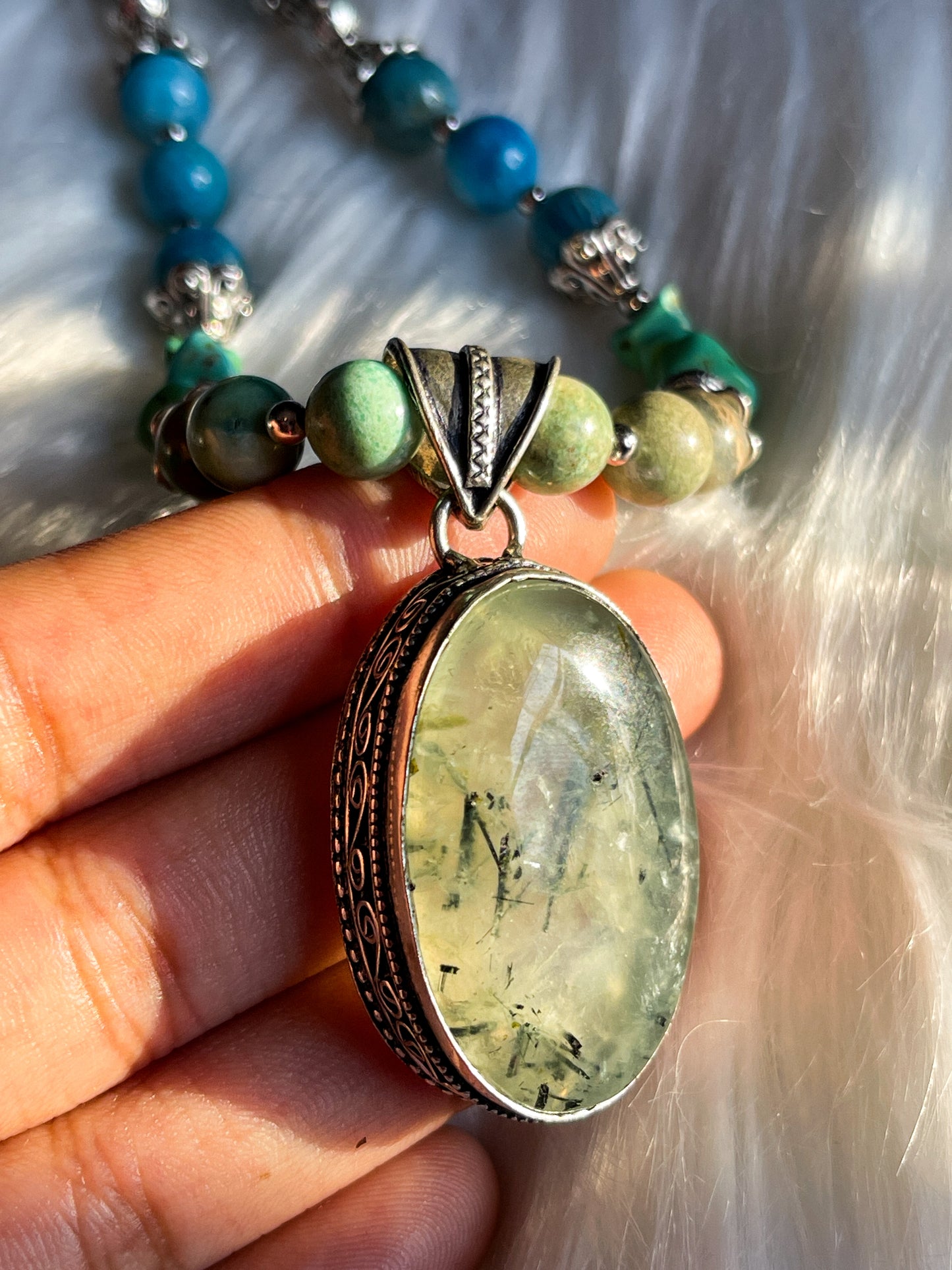 Prehnite, Chrysocolla, Turquoise + Blue Apatite Necklace
