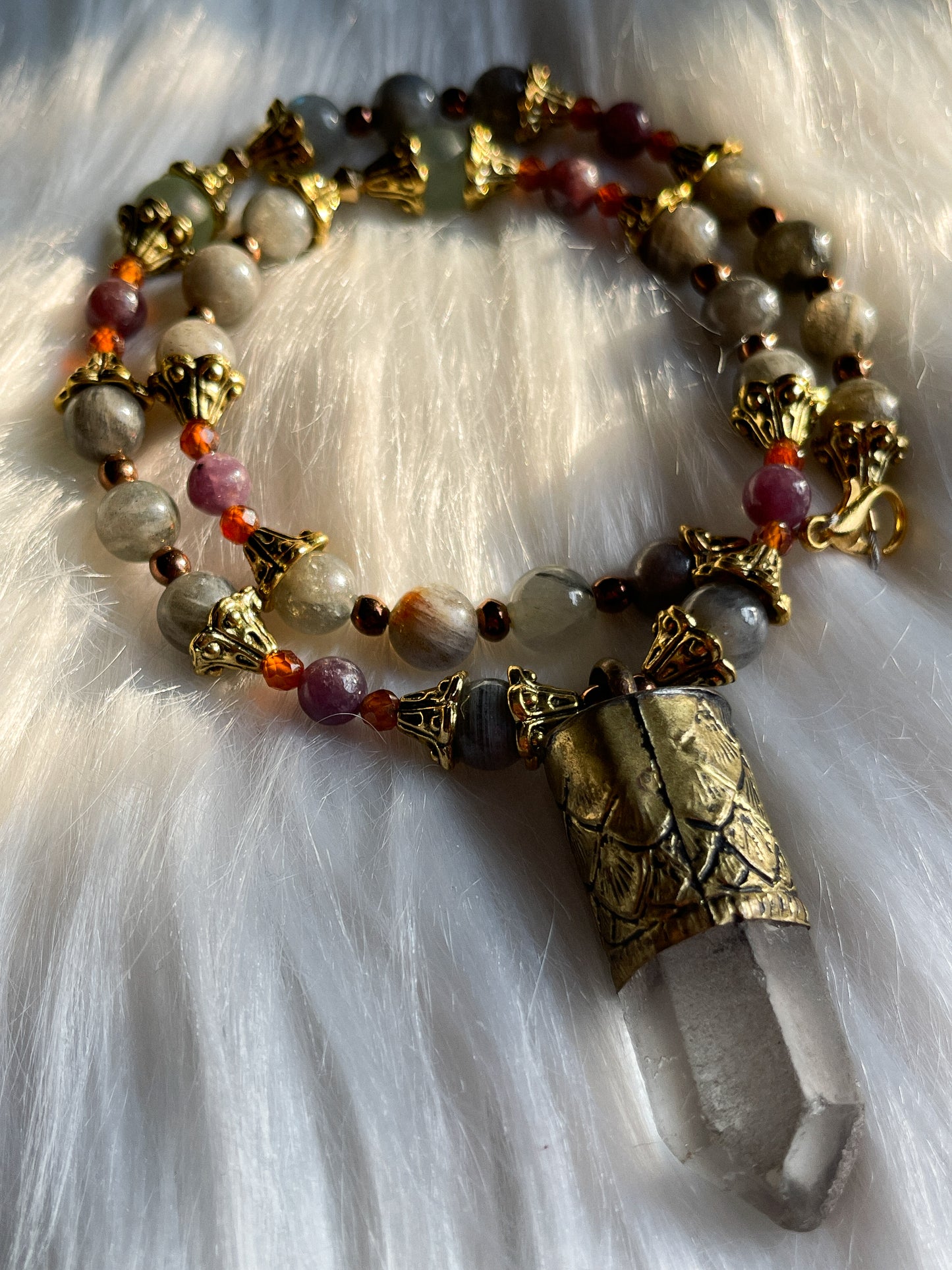 Tibetan Quartz, Fluorite, Labradorite, Lepidolite + Garnet Necklace