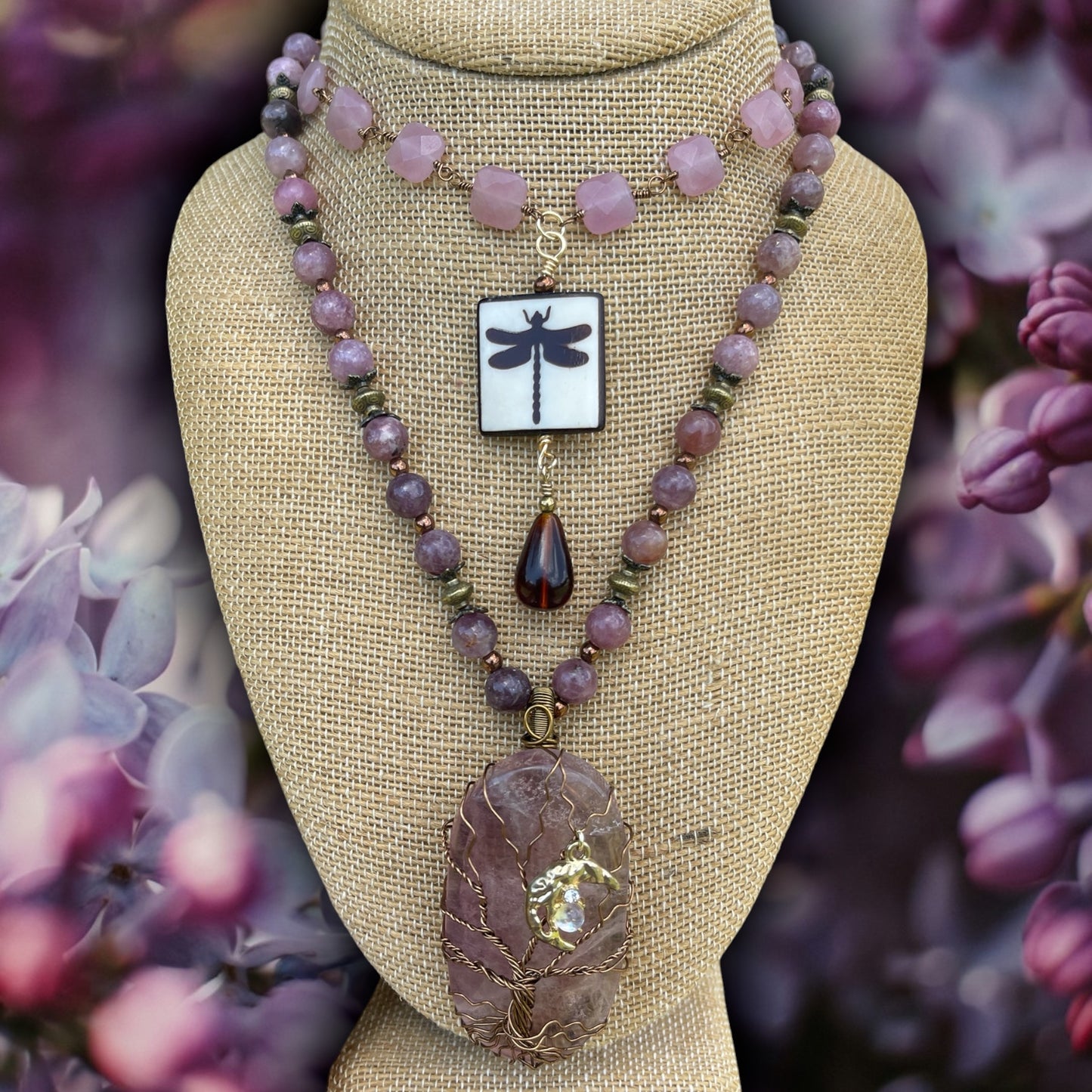 Lepidolite + Candy Fluorite Tree of Life Necklace Set
