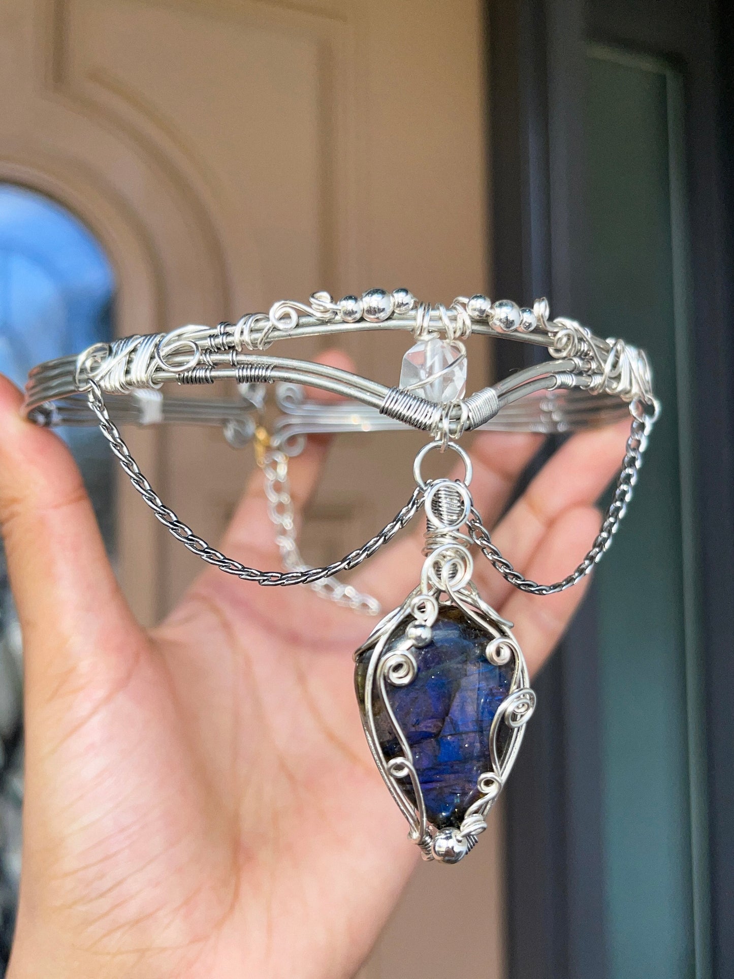 High Priestess Woven Labradorite Choker w/ Clear Quartz Amplifyer