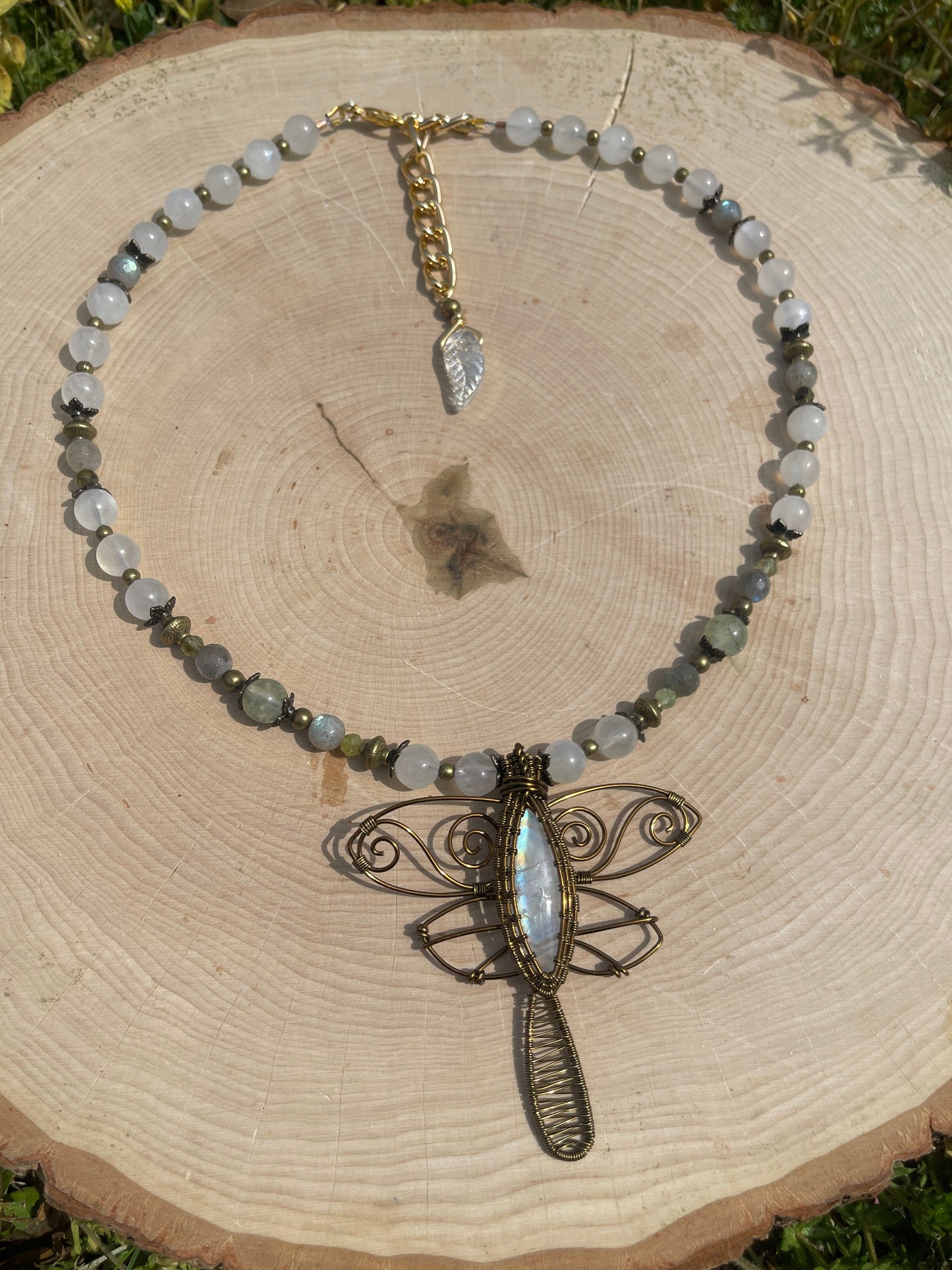 Moonstone, Prehnite, Labradorite + Green Garnet Dragonfly