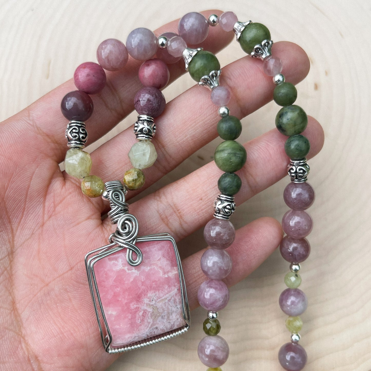 Haim • AA Rhodochrosite, Madagascar Rose Quartz, Prehnite + Jade Necklace