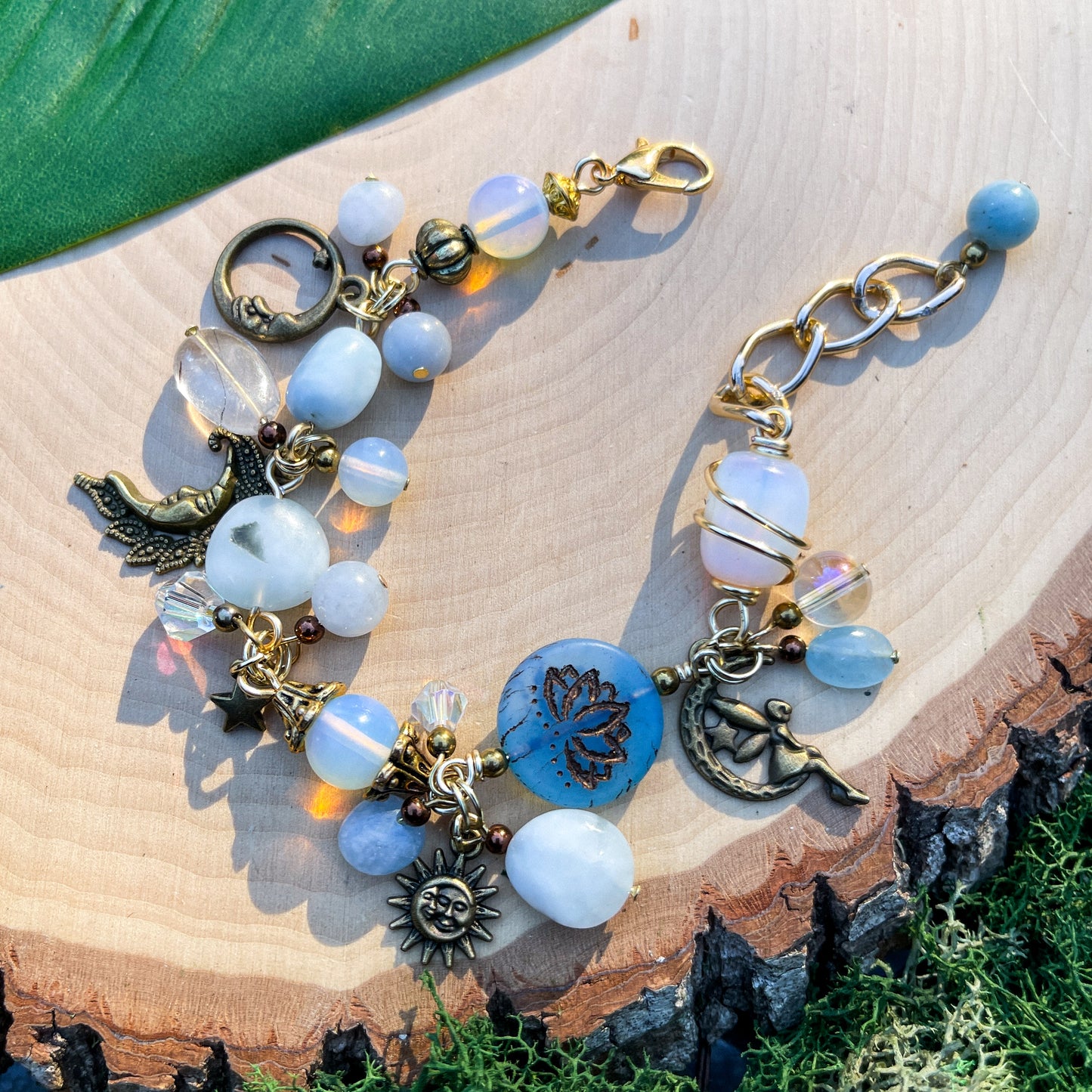 Aquamarine, Opalite, Larimar + Rutilated Quartz Charm Bracelet