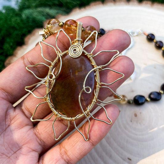 Ember • Peach Mossy Agate, Sunstone, Citrine + Garnet Sunflower Necklace