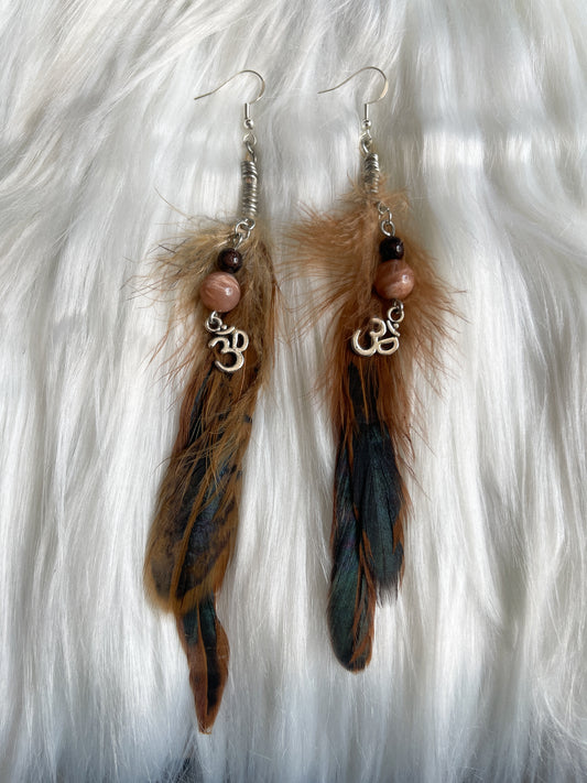 Sunstone + Garnet Feather Earrings
