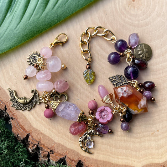 Midnight Bloom • Rose Quartz, Amethyst, Fluorite, Lepidolite, Strawberry + Rhodonite Charm Bracelet