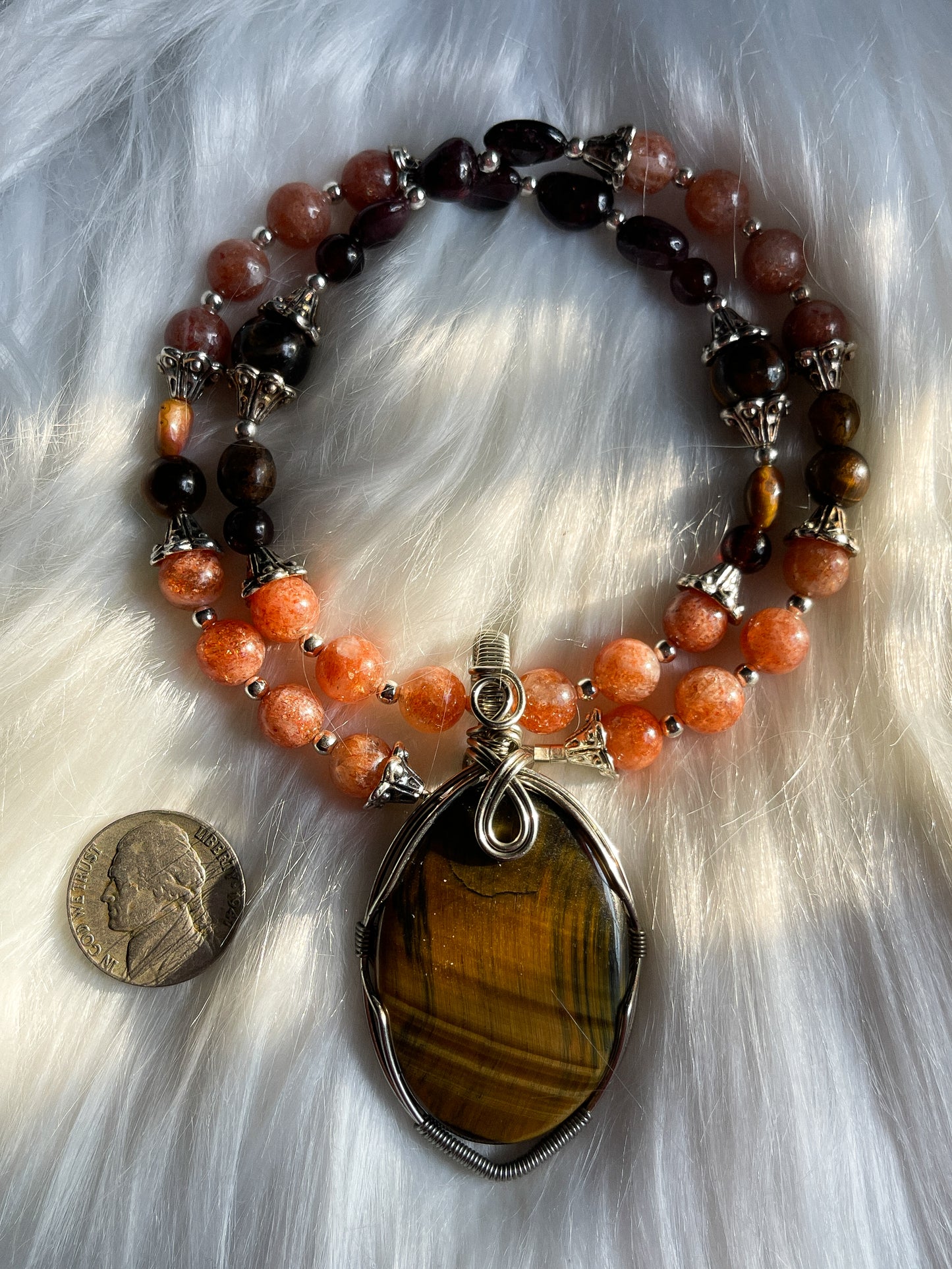 Tiger’s Eye, Sunstone + Garnet Necklace