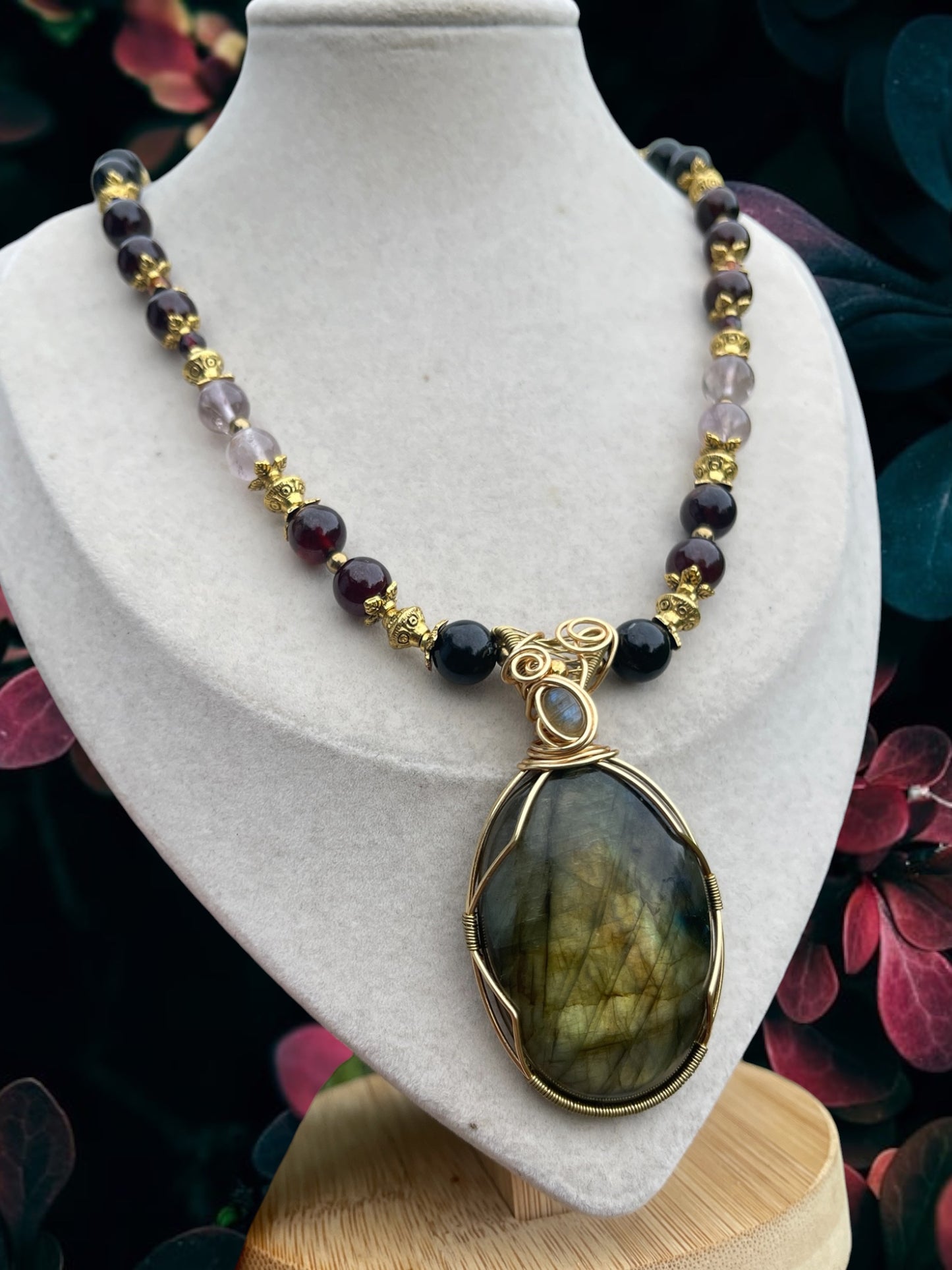 Mystara • Labradorite, Obsidian, Auralite + Garnet Necklace