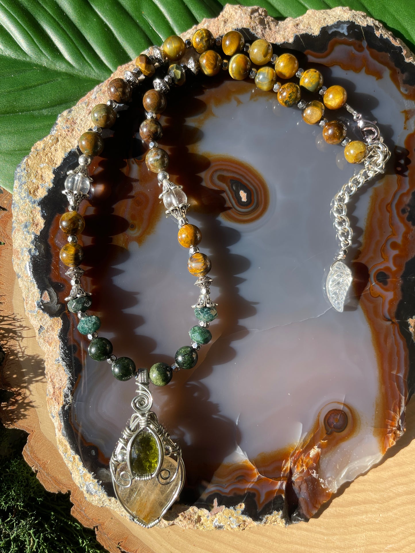 Sage • Moldavite, Golden Rutilated Quartz, Dioptase, Green Opal, Moss Agate + Golden Tigers Eye Necklace