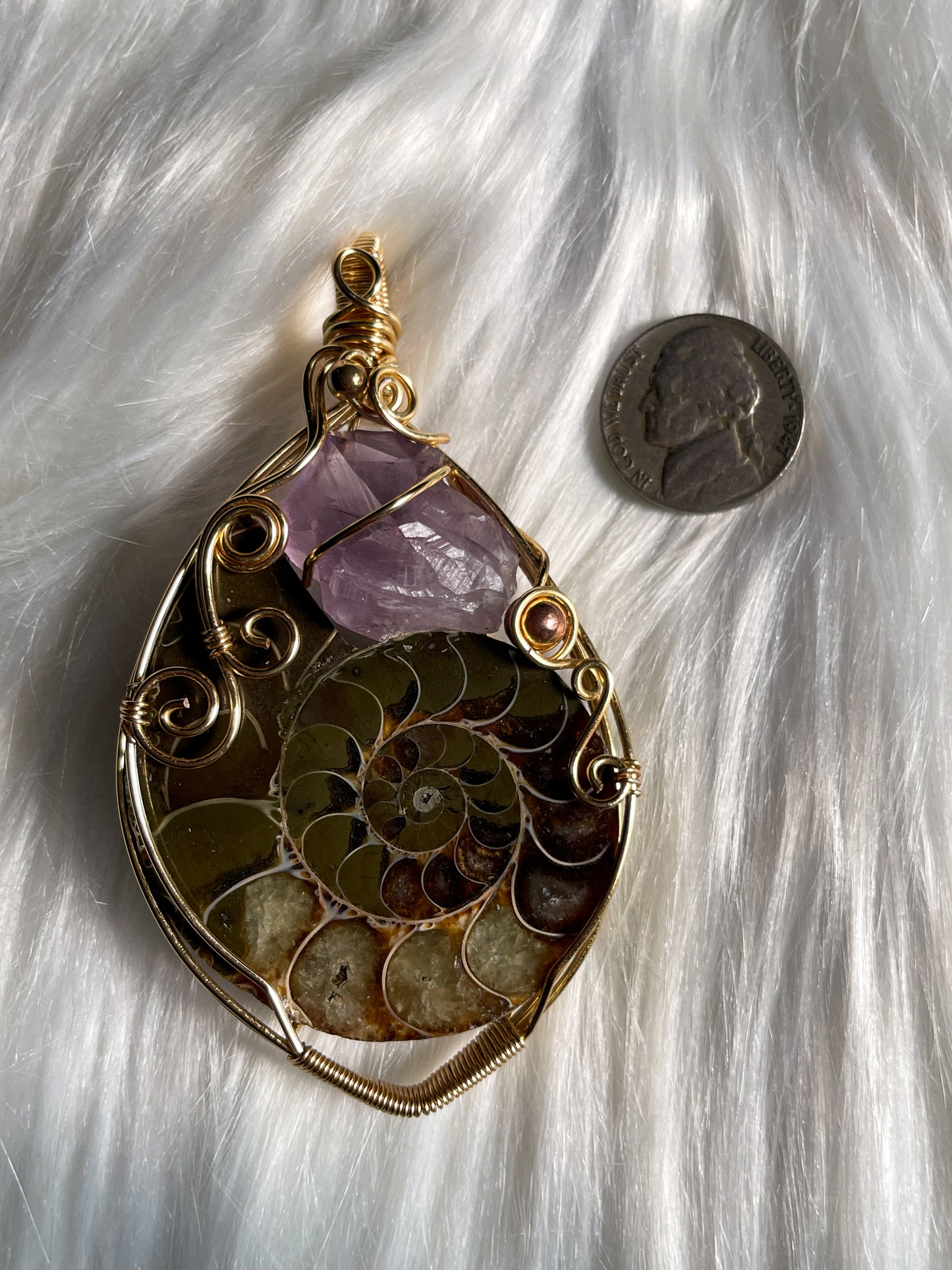 XL Ammonite Fossil & Amethyst Pendant (Rare)