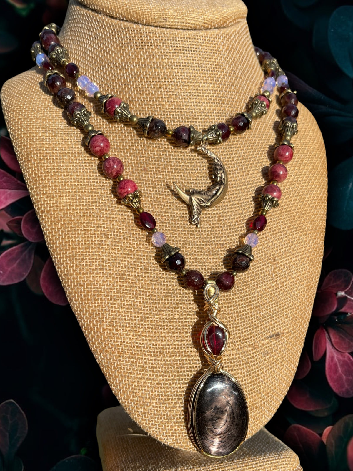 Raven • Goldsheen Obsidian, Blood Garnet + Rhodonite Necklace Set