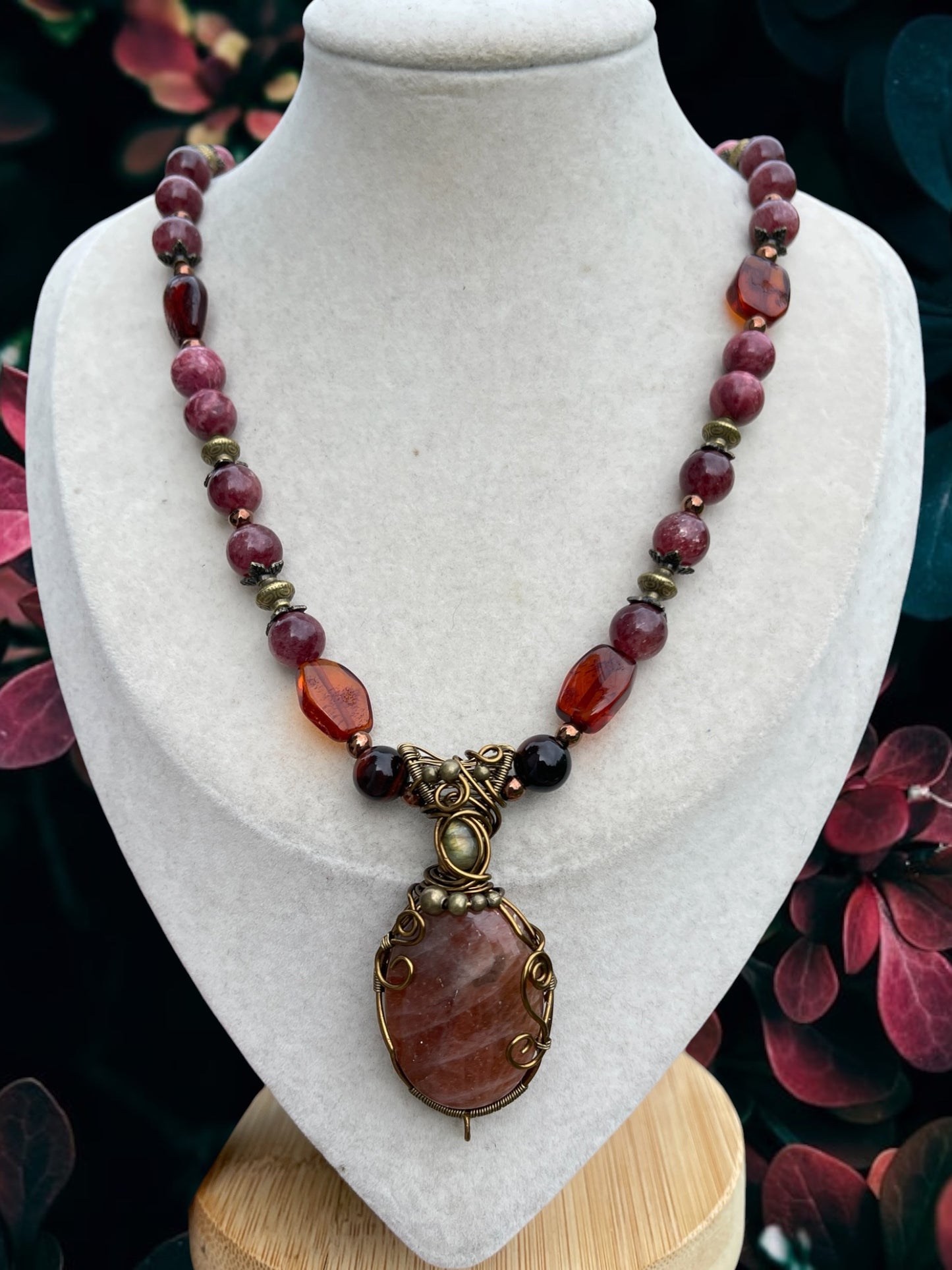 Auraline • Confetti Sunstone, Amber + Strawberry Quartz Necklace