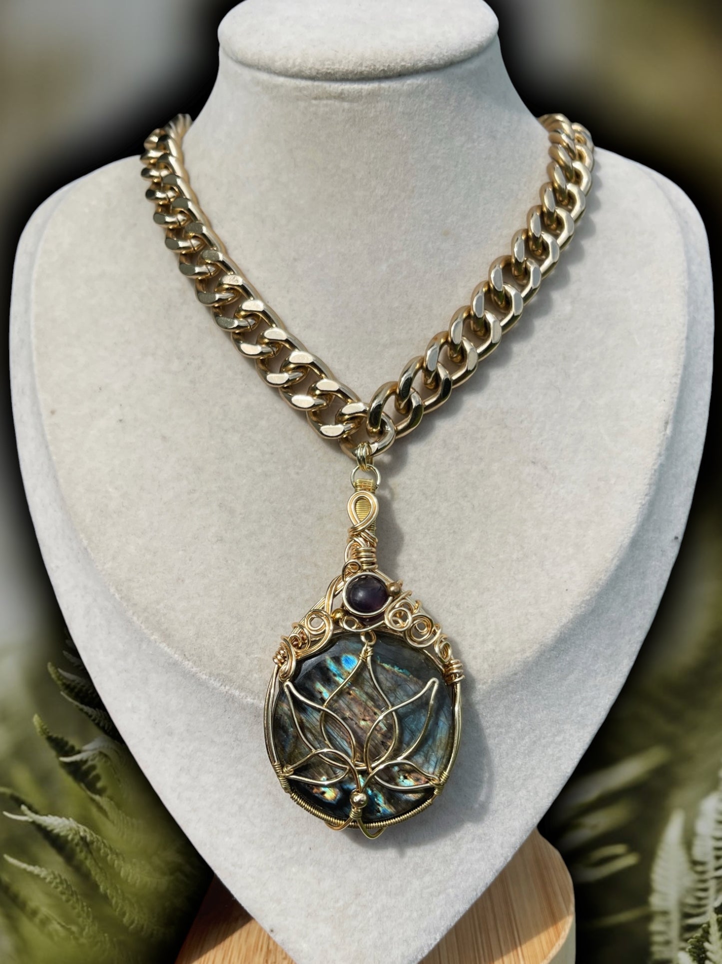 Venus • Spectrolite Lotus Flower Cuban Link Chain Necklace