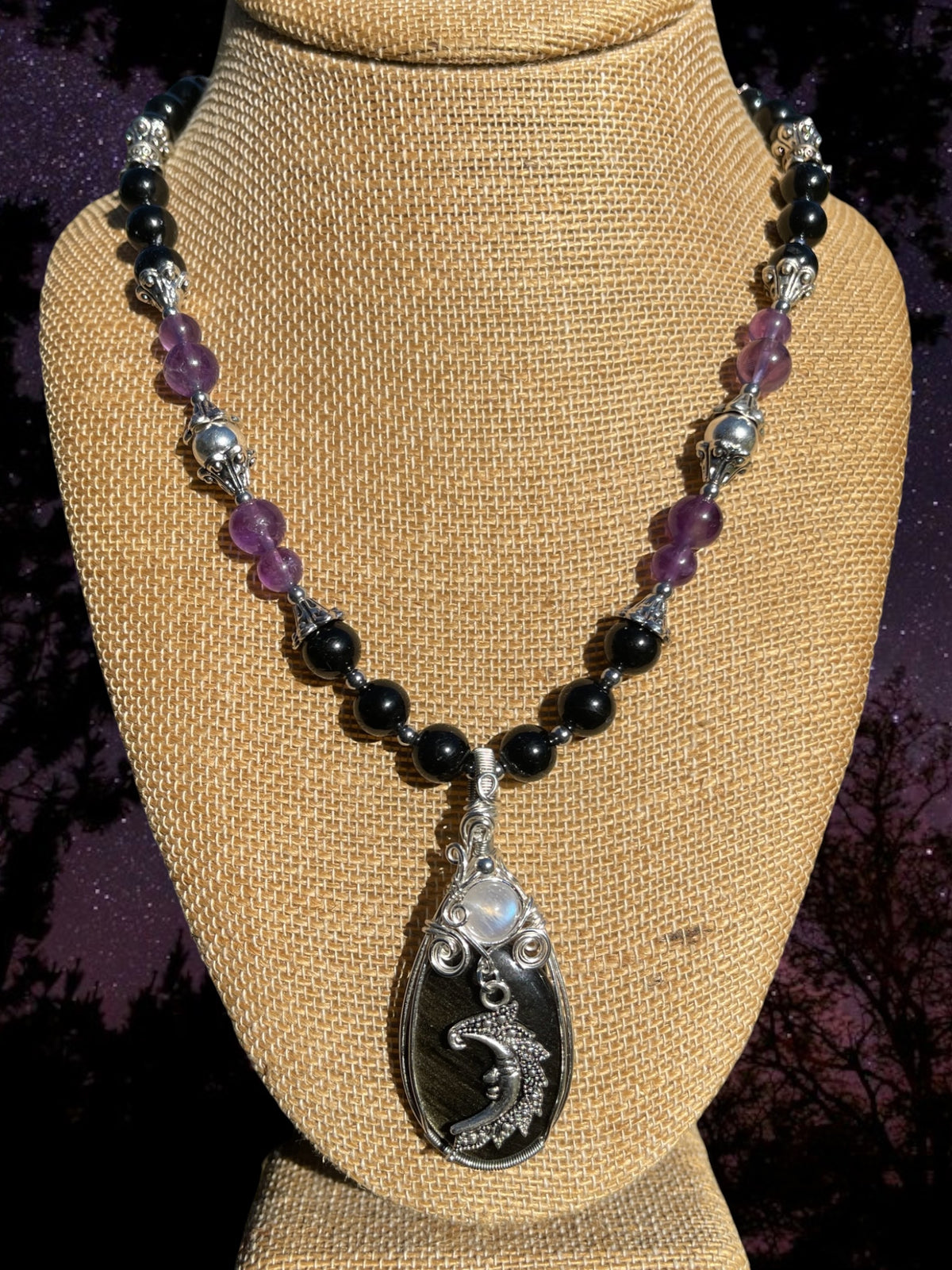 Eclipse • Goldsheen Obsidian, Moonstone + Amethyst Moon Necklace