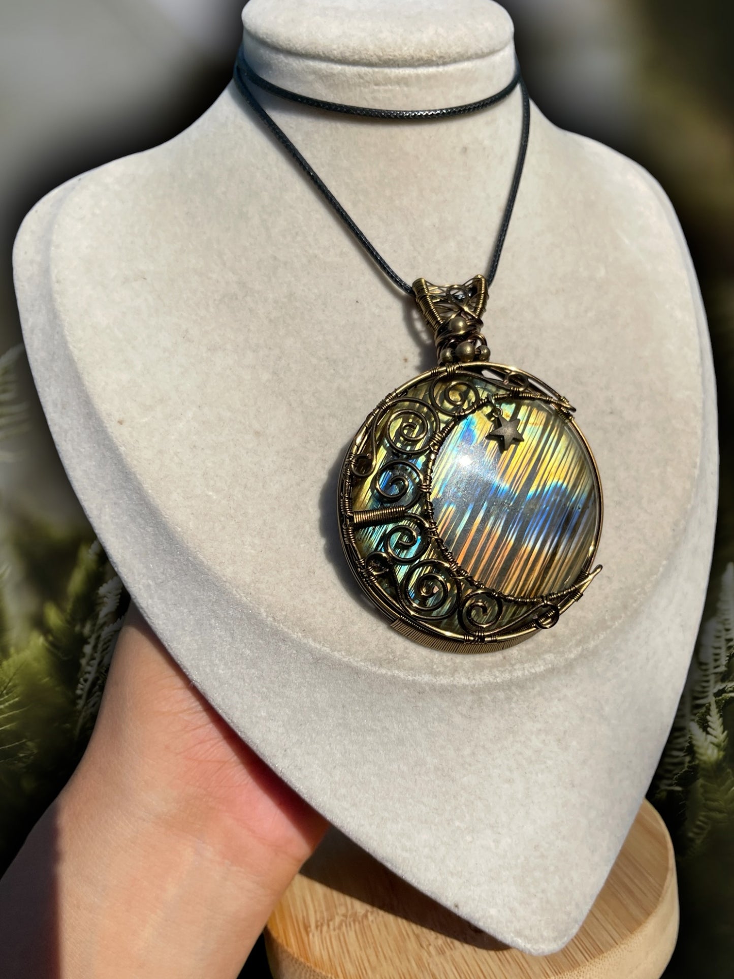 Large Round Labradorite Crescent Moon Pendant