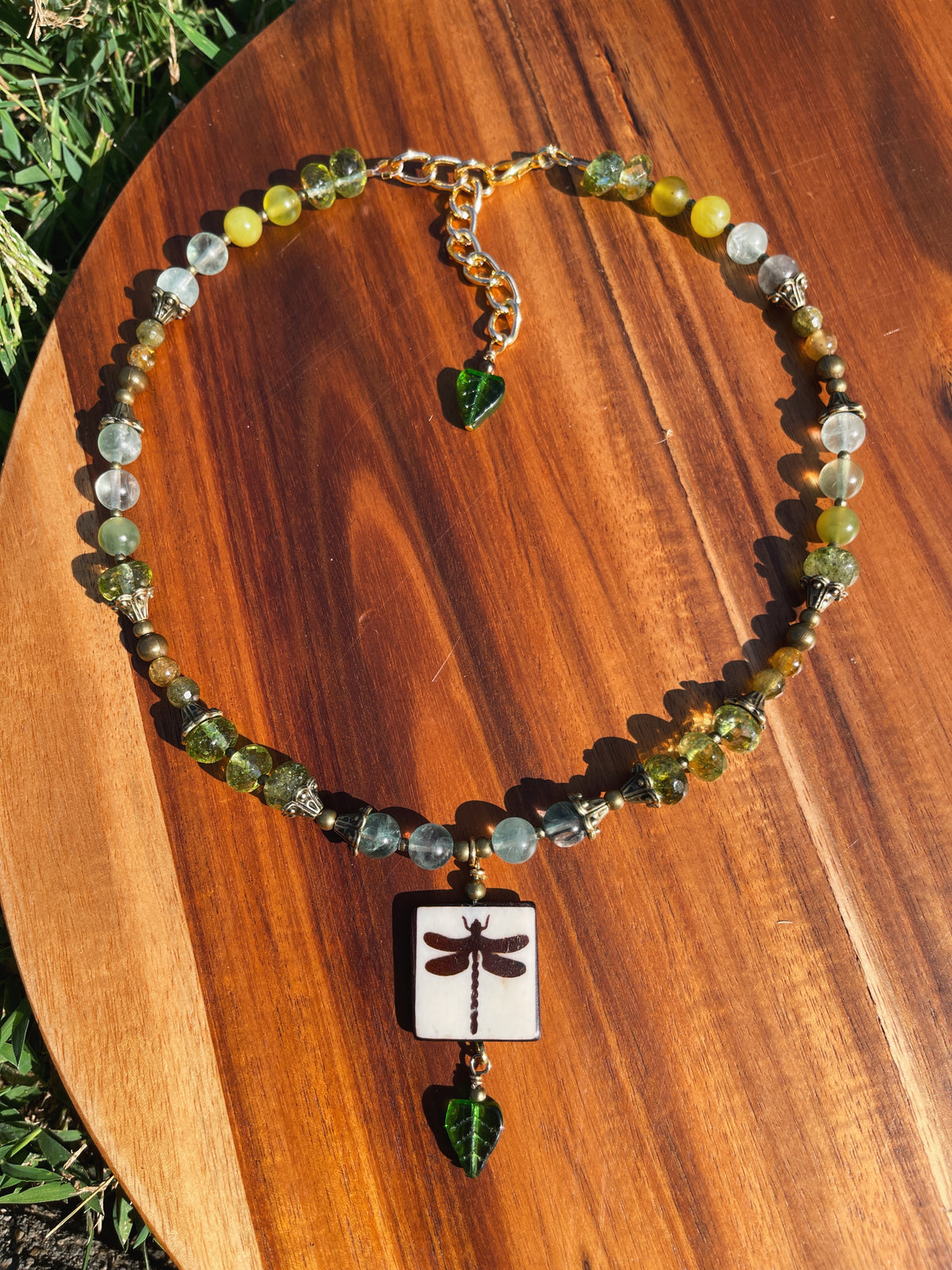 Savannah • Peridot, Antique Jade + Fluorite Dragonfly Necklace