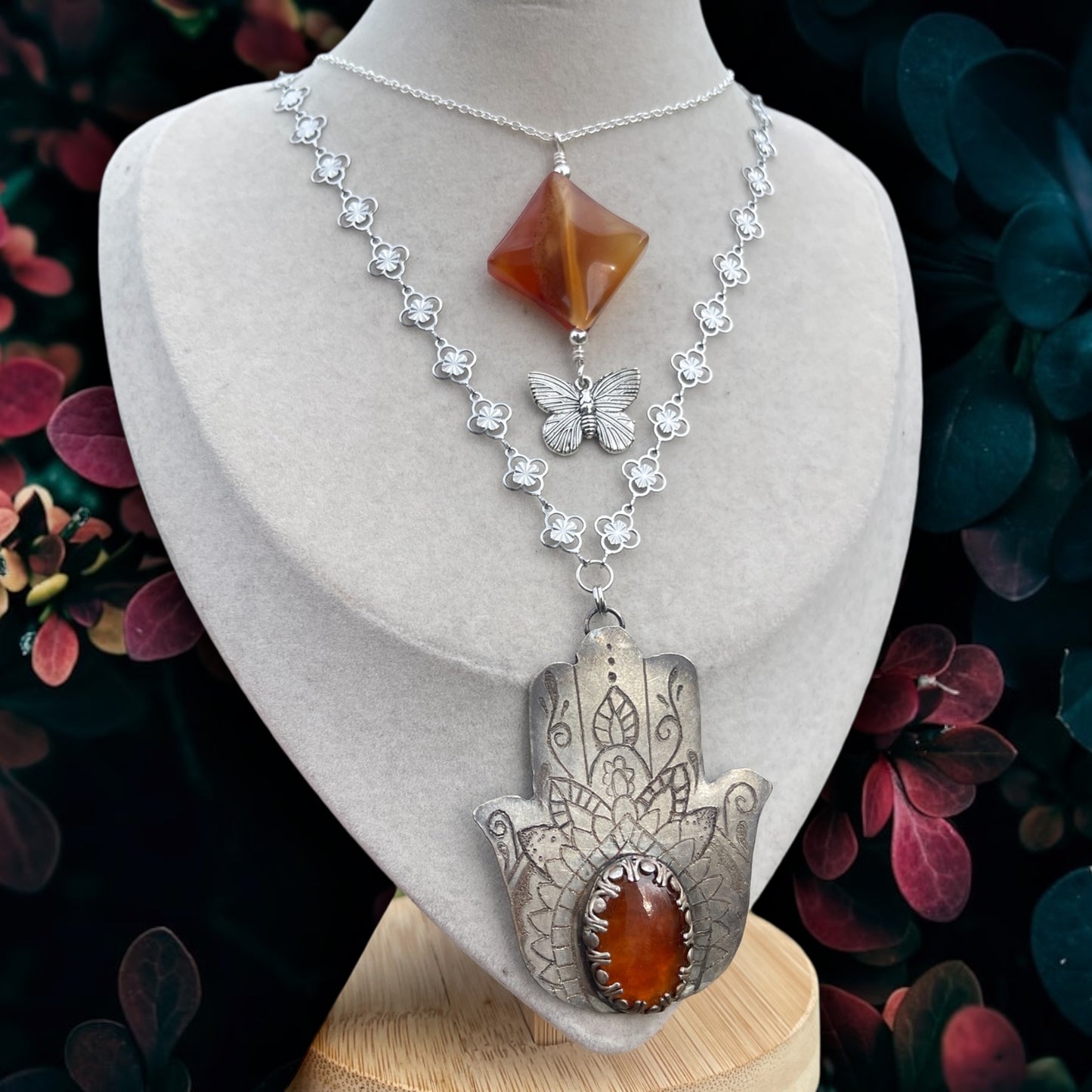 Hamsa Hand, Carnelian + Hessonite Garnet 2-Piece Necklace Stack