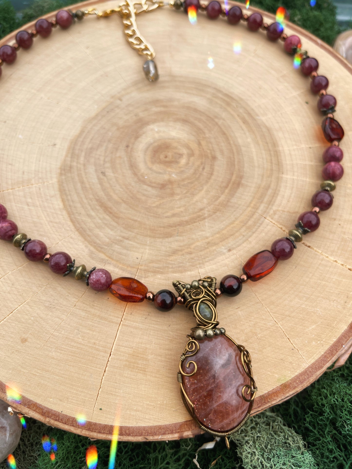 Auraline • Confetti Sunstone, Amber + Strawberry Quartz Necklace