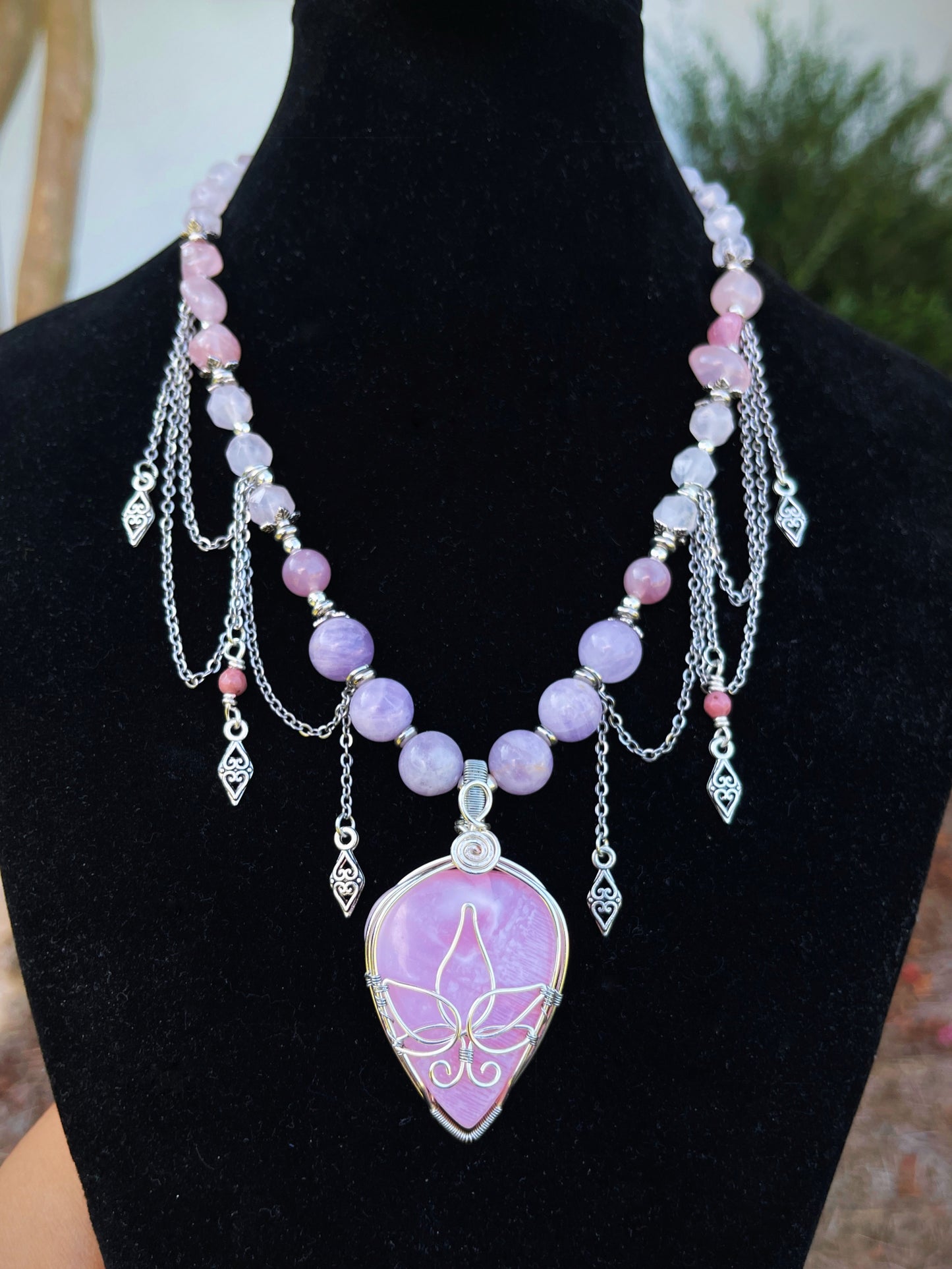 Moonlit Lotus • Pink Opal + Rose Quartz Chandelier Necklace