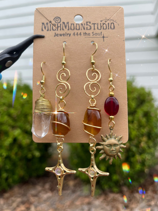 Carnelian Agate, Amber + Clear Quartz Earrings Set