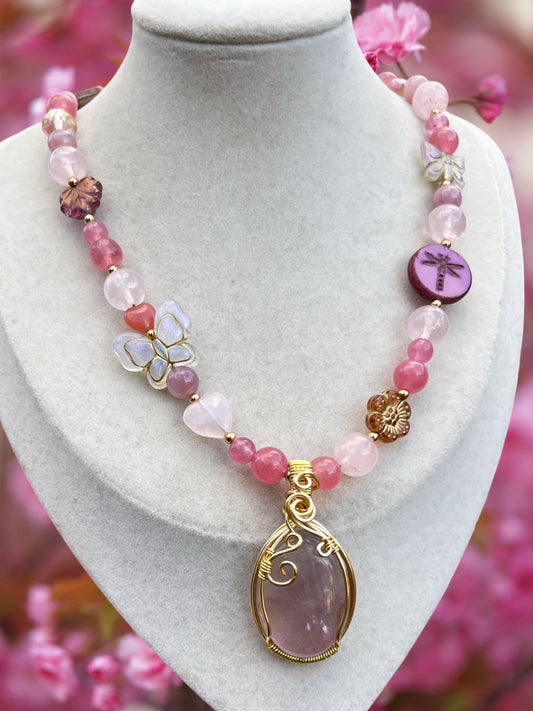 Tinsel • Czech Glass, Strawberry + Rose Quartz Candy Necklace
