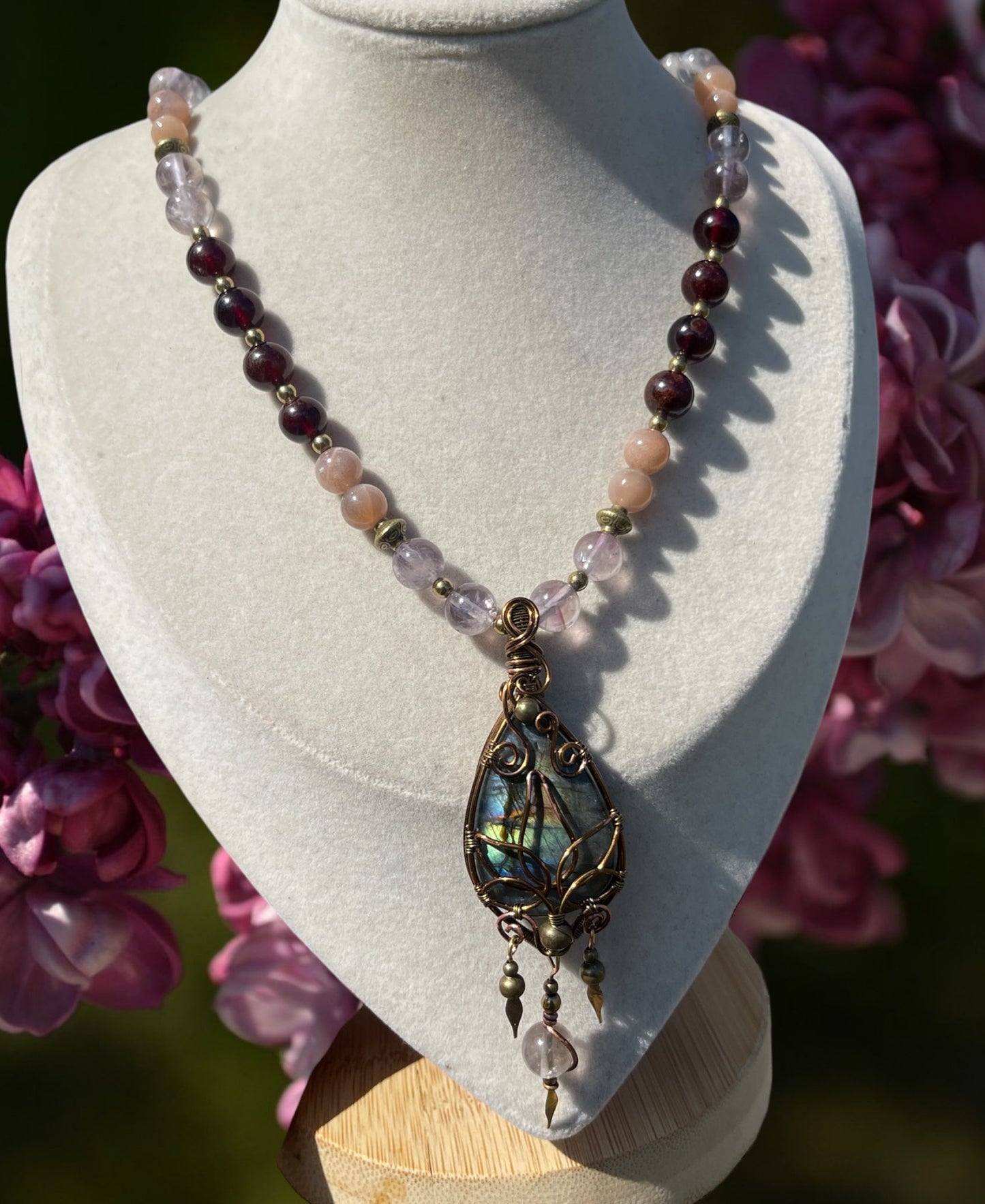 Amaya • Labradorite, Peach Moonstone, Garnet + Lilac Amethyst