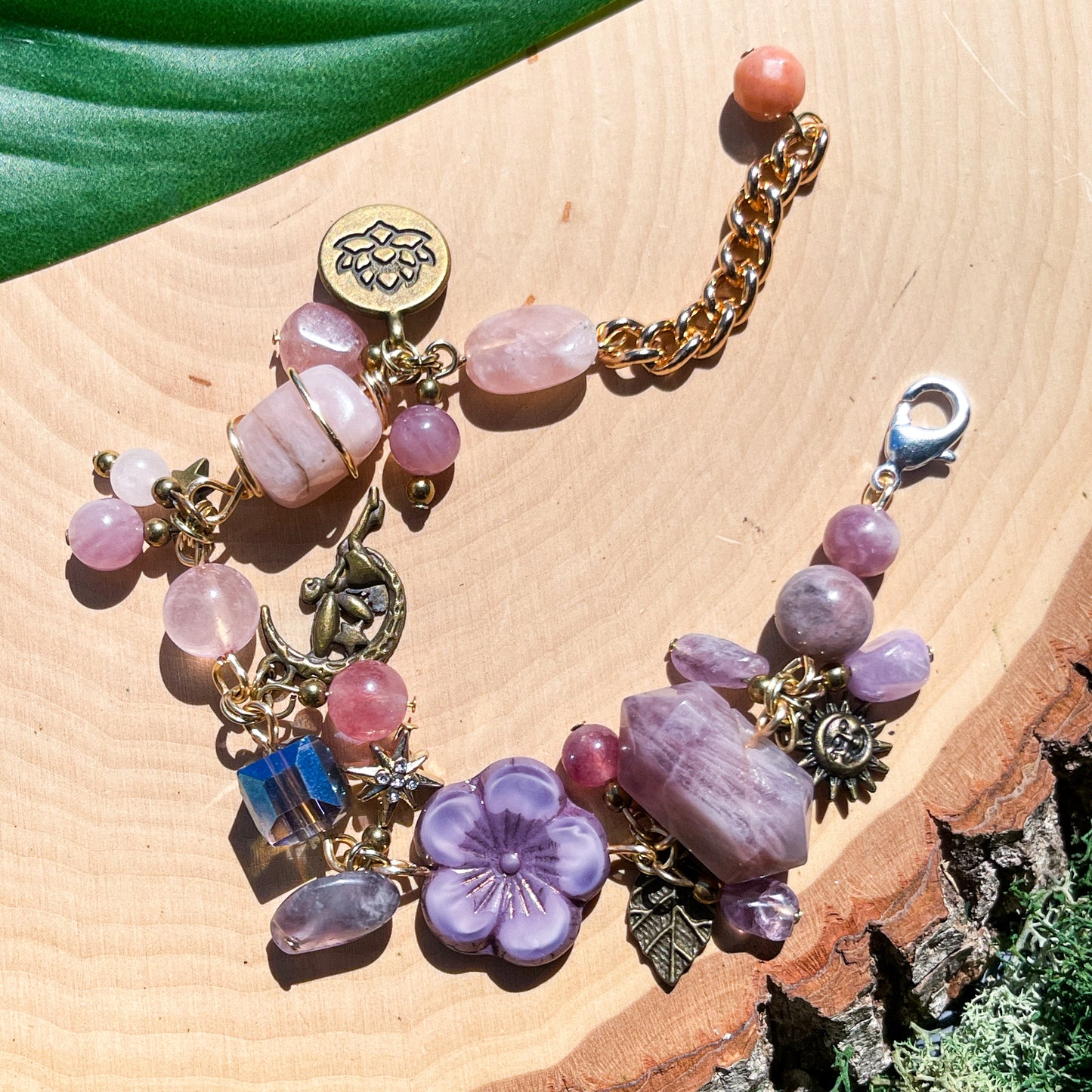 Lavender Amethyst, Madagascar Rose Quartz + Lepidolite Charm Bracelet