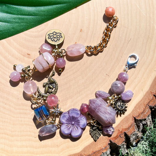 Lavender Amethyst, Madagascar Rose Quartz + Lepidolite Charm Bracelet
