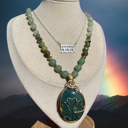 555 Clover • Moss Agate + Aventurine 4 Leaf Clover Necklace Stack 🍀