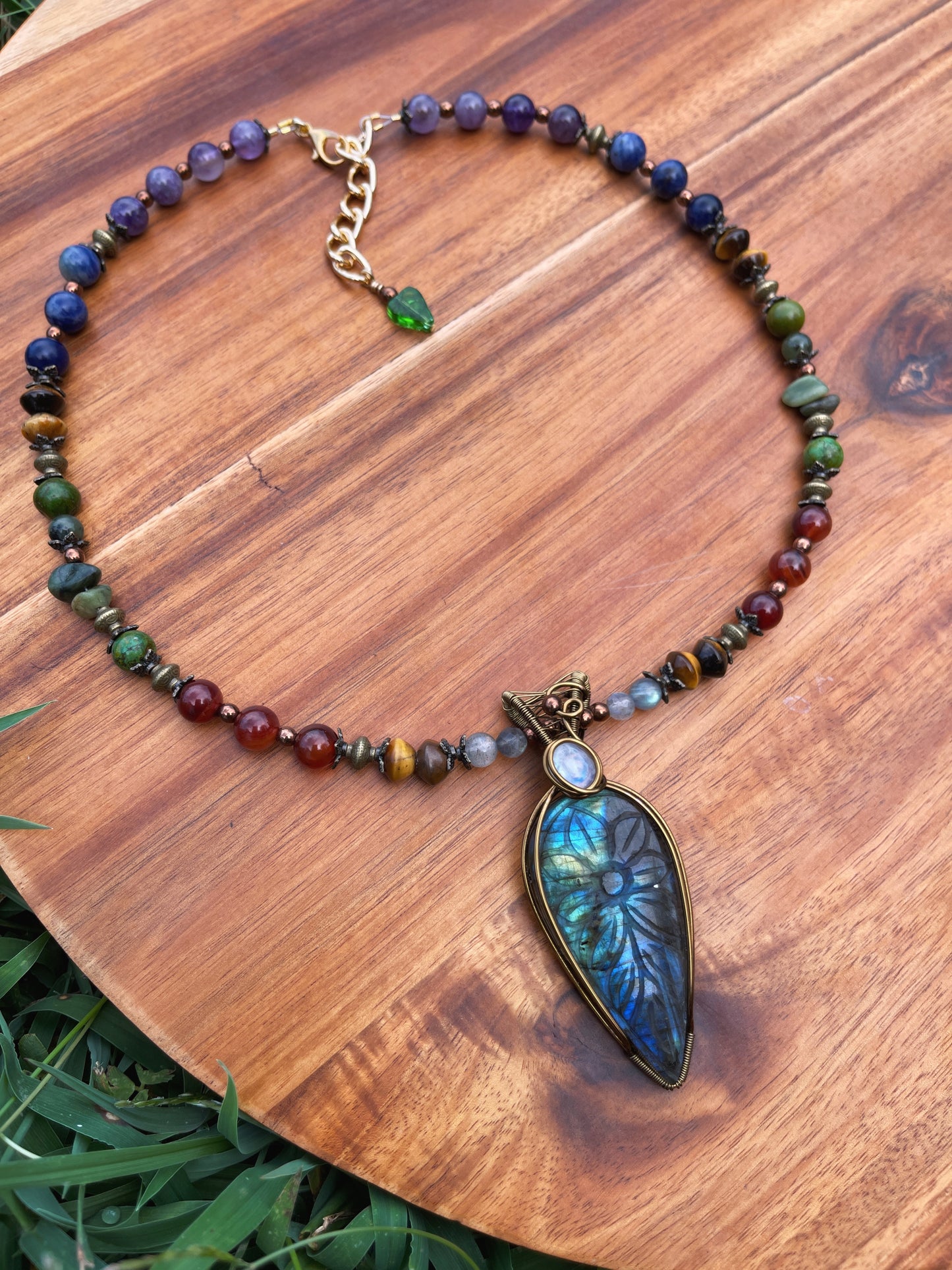 Earth’s Treasures • Carved Labradorite, Moonstone, Carnelian, Jade, Sodalite, Tigers Eye + Amethyst Necklace