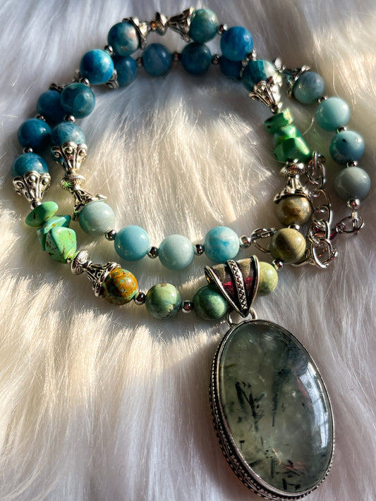 Prehnite, Chrysocolla, Turquoise + Blue Apatite Necklace