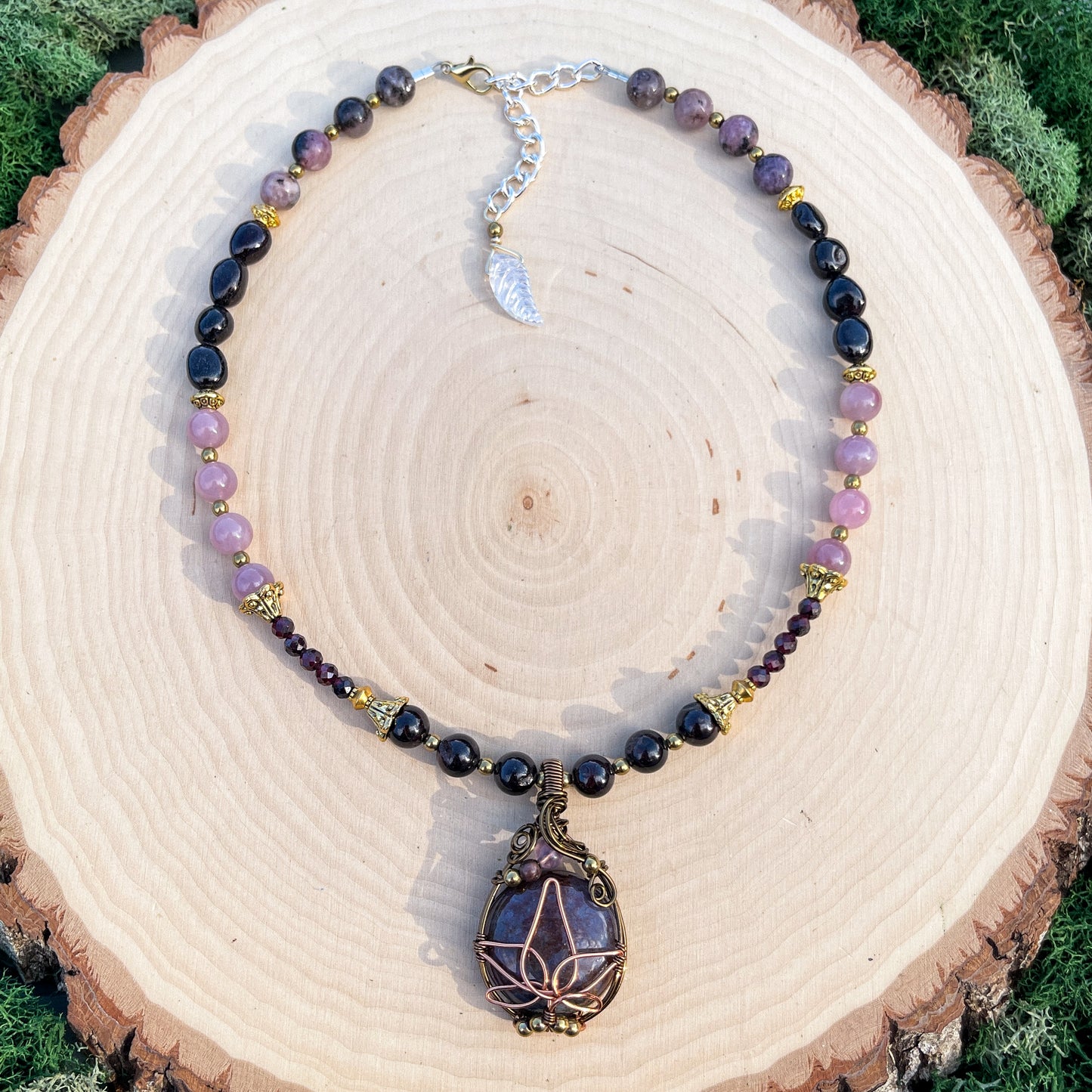 Vesper • Ocean Jasper, Garnet, Lepidolite + Madagascar Rose Quartz Necklace - Lotus Flower