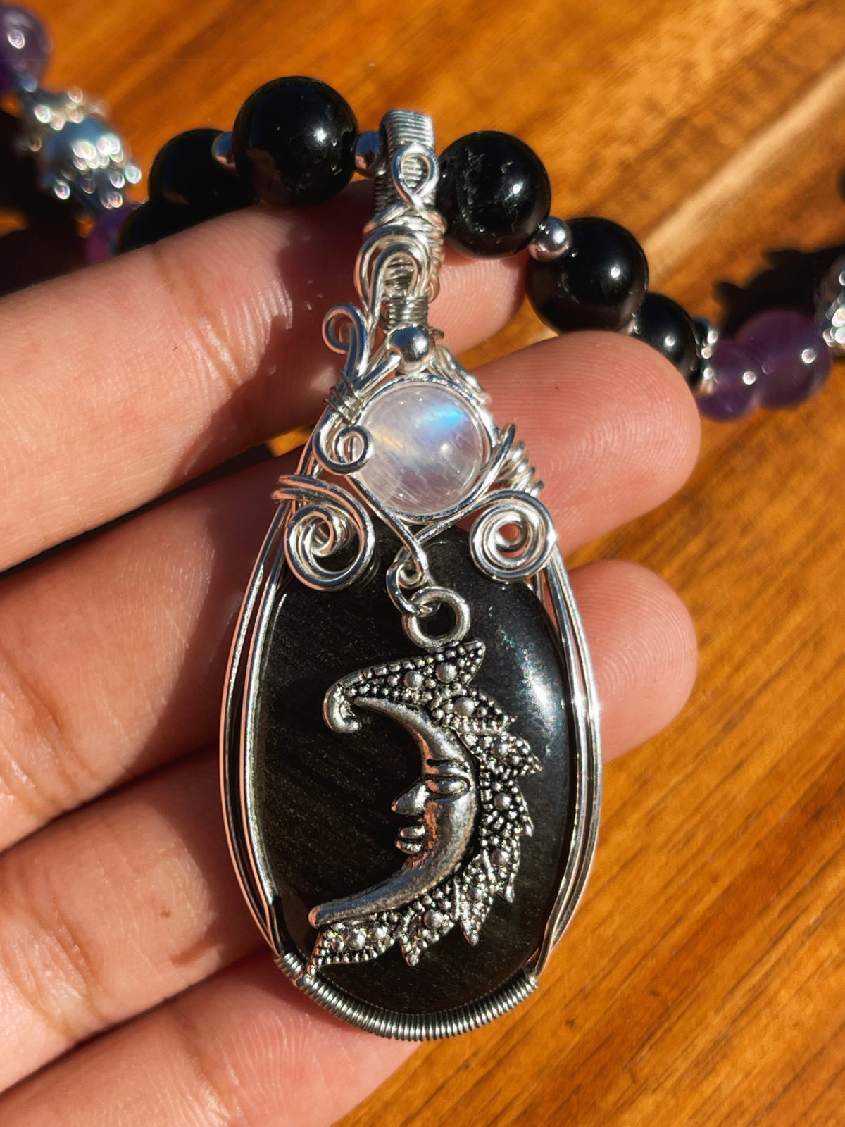 Eclipse • Goldsheen Obsidian, Moonstone + Amethyst Moon Necklace