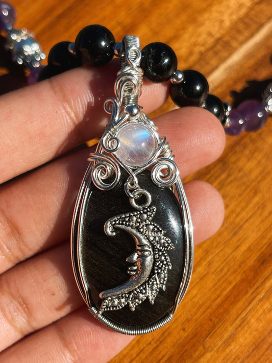 Eclipse • Goldsheen Obsidian, Moonstone + Amethyst Moon Necklace