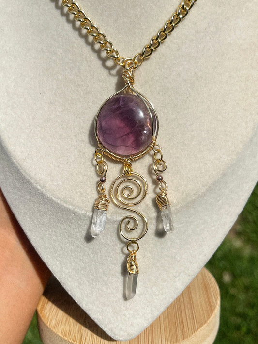 Lux • Purple Fluorite + Clear Quartz Chained Pendant