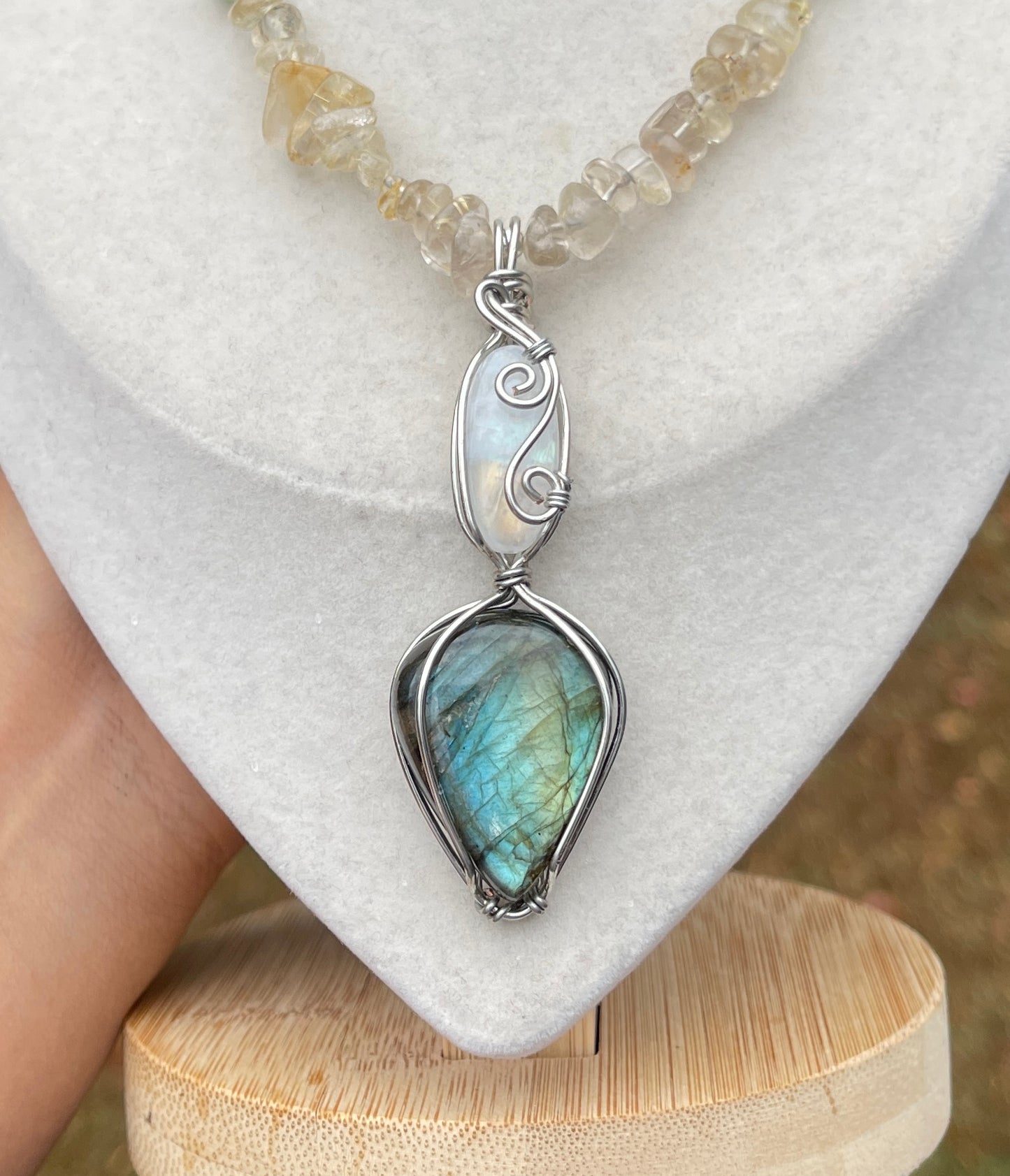 Rayna • Labradorite, Moonstone, Rutilated Quartz + Green Aventurine Necklace