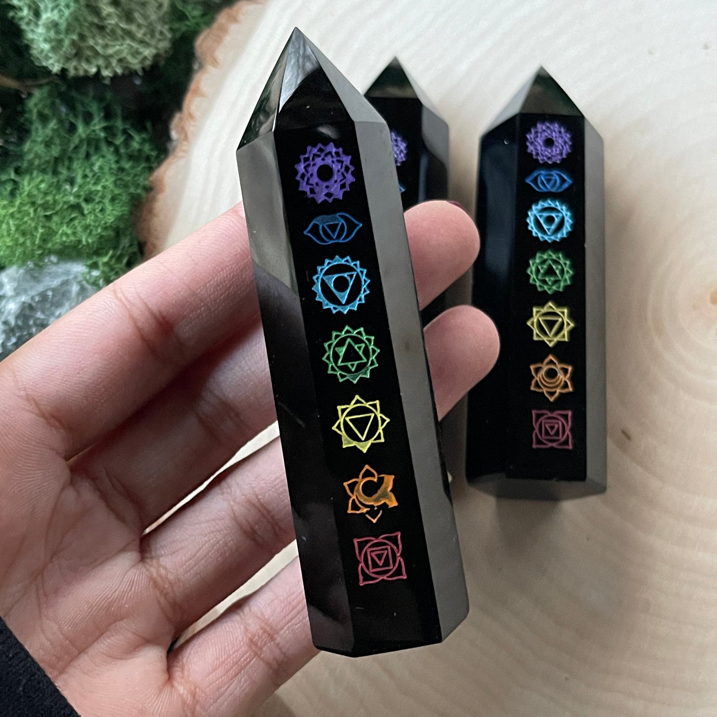 Black Obsidian 7 Chakra Engraved Tower