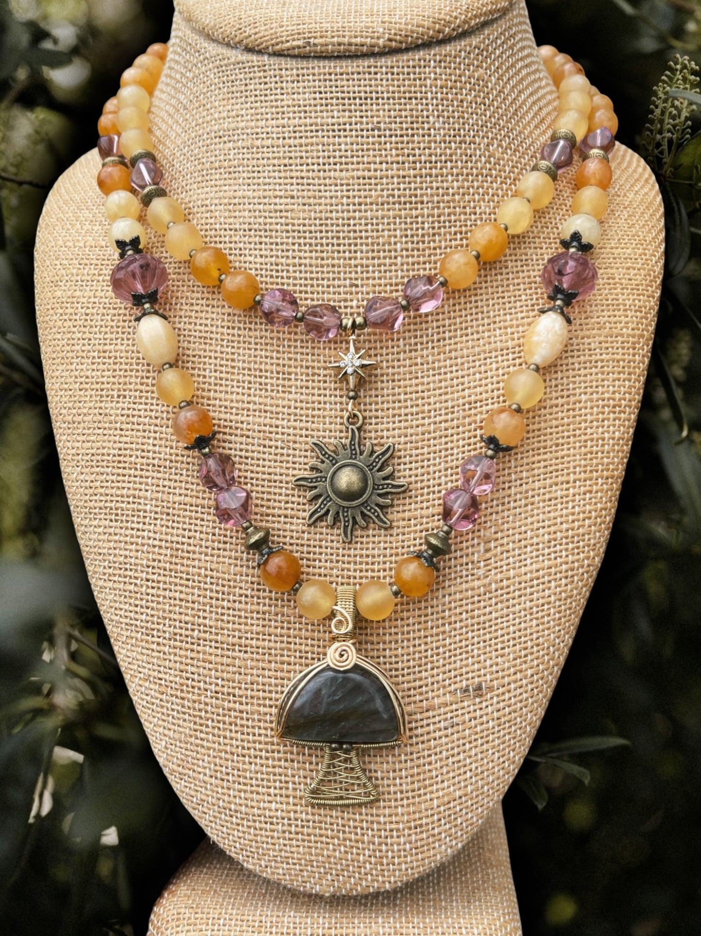 Magic Mushroom • Honey Calcite, Labradorite, Purple Jade & Glass Set