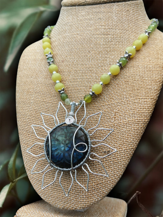 Full Bloom • Labradorite, Green Garnet + Green Calcite Flower Necklace