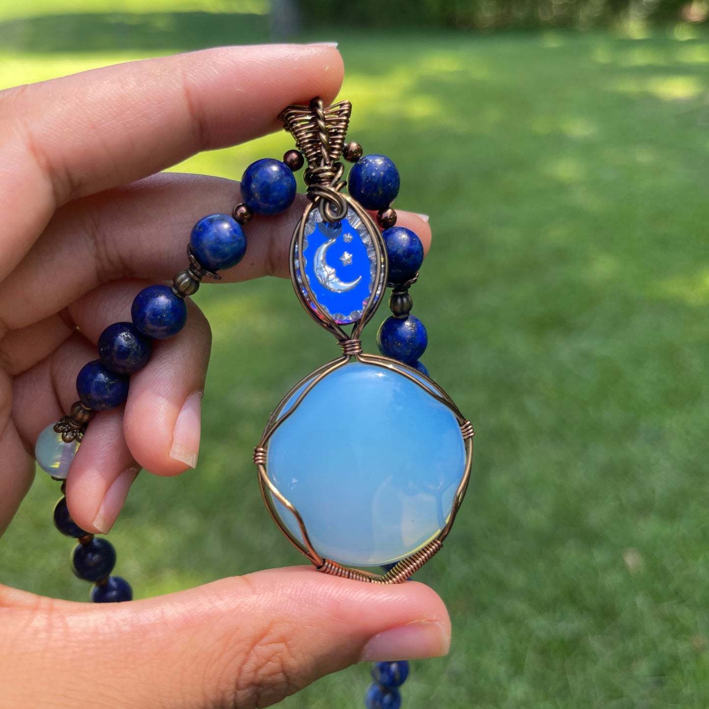 Cosmica • Opalite + Lapis Lazuli Crescent Moon Necklace