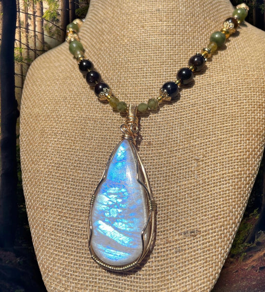 Julia • AAA Moonstone, Star Garnet, Jade + Green Garnet Necklace